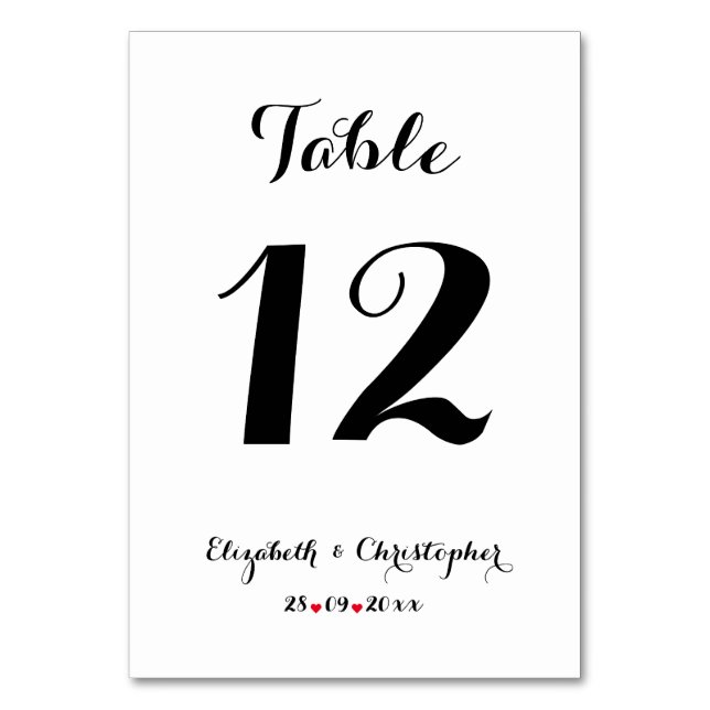 Tarjeta De Mesa Elegante guión Boda blanco negro ducha de novia (Anverso)