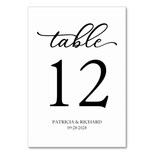 Tarjeta De Mesa Elegante guión Boda blanco y negro (Anverso)