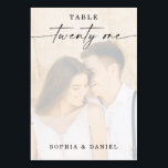 Tarjeta De Mesa Elegante guión Boda de foto número de tabla 21<br><div class="desc">Este diseño presenta una hermosa foto de su elección. Haga clic en el botón "Haga clic para más personalizares" para editar el color de la redacción del guión. Mueva la imagen de la foto por encima de las capas superiores al centro. Vea toda la colección para ver más elementos coincidentes....</div>