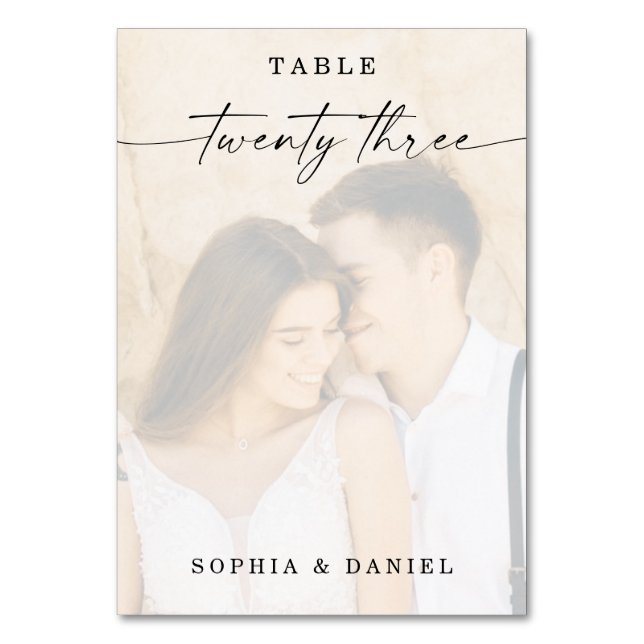 Tarjeta De Mesa Elegante guión Boda de foto número de tabla 23 (Anverso)