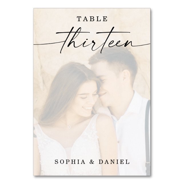 Tarjeta De Mesa Elegante guión Boda de fotos número trece (Anverso)