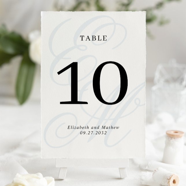 Tarjeta De Mesa Elegante guión Boda de monograma azul turbio (Subido por el creador)
