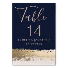 Tarjeta De Mesa Elegante guión de caligrafía, marina, Boda de oro