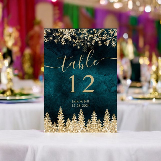 Tarjeta De Mesa Elegante guión de moda Gold y Navidades Verde azul (Elegant chic script Gold and Teal Winter Christmas Table Number)