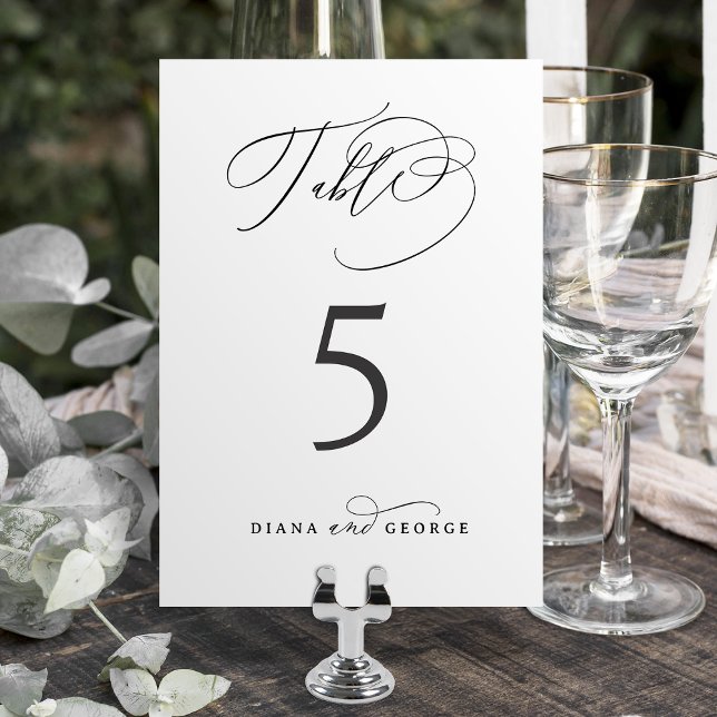 Tarjeta De Mesa Elegante guión de remolino simple boda (Elegant Swirl Script Simple Wedding Table Number)