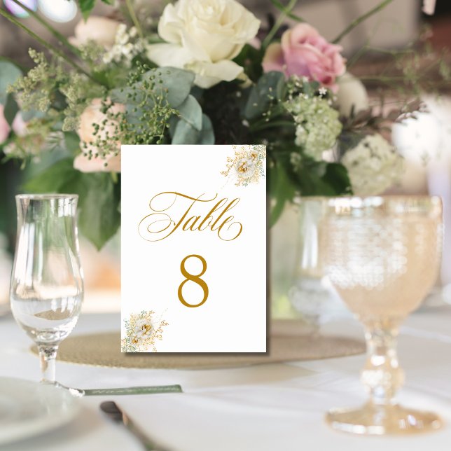Tarjeta De Mesa Elegante Guión Dorado Boda Floral Tabla número 8 (Subido por el creador)