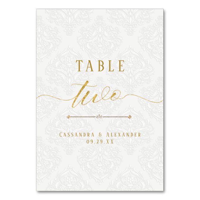 Tarjeta De Mesa Elegante guion encaje blanco boda oro dos 2 (Anverso)