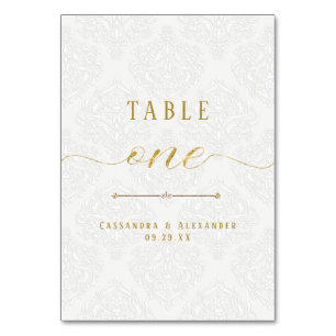 Tarjeta De Mesa Elegante guion encaje blanco brillo dorado boda 1