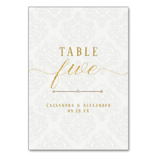 Tarjeta De Mesa Elegante guion encaje blanco oro 5 cinco boda