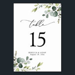 Tarjeta De Mesa Elegante guión Eucalyptus Greeneration Table Numbe<br><div class="desc">Diseñado para coordinar con nuestra colección de bodas Boho Greenery,  esta plantilla de menú personalizable presenta hojas de color agua mezcladas y un elegante serif de color negro. Elementos coincidentes disponibles.</div>