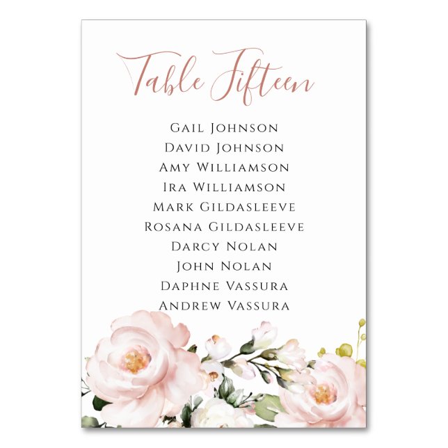 Tarjeta De Mesa Elegante guión floral rosa de Rubor (Anverso)