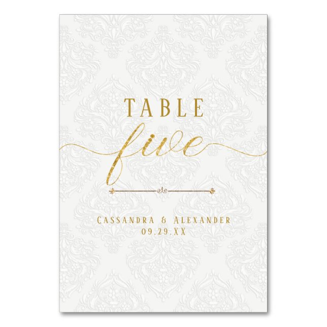 Tarjeta De Mesa Elegante guion Lace blanco Oro 5 Cinco Boda (Anverso)