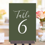 Tarjeta De Mesa Elegante Guión Números de tabla verde oliva<br><div class="desc">Estos elegantes números de mesa verde oliva se pueden personalizar con letras blancas de moda. Diseñado por Thisisnotme©</div>