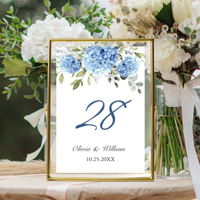 Tarjeta De Mesa Elegante Hidrangea Azul Eucalyptus Boda (Subido por el creador)