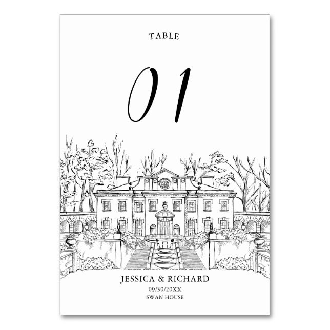 Tarjeta De Mesa Elegante Ilustracion Chateau de la Venue con la ma (Anverso)