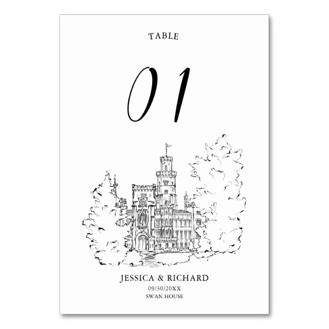 Tarjeta De Mesa Elegante Ilustracion Chateau de la Venue con la ma (Anverso)