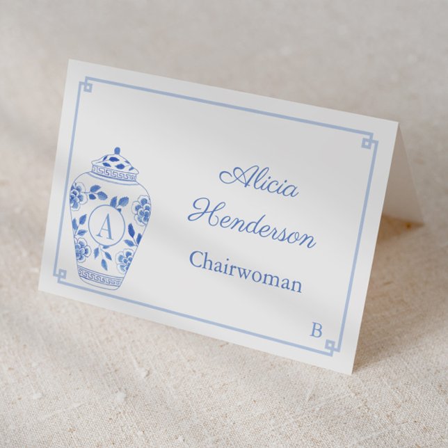 Tarjeta De Mesa Elegante Lady Monogram Ginger Jar Place Card (Individual place cards for wedding, meeting, bridal shower etc with monogram ginger jar & greek key)