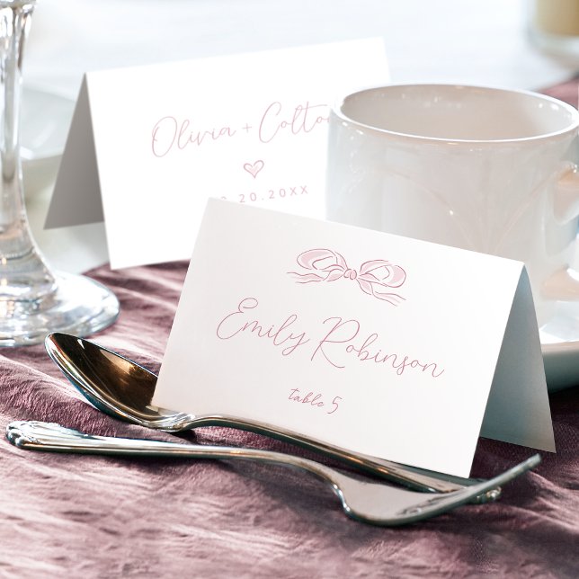 Tarjeta De Mesa Elegante lazo rosa dibujado a mano, boda plegable (Elegant Pink Hand Drawn Bow Wedding Foldable Table Number)