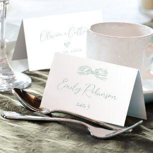 Tarjeta De Mesa Elegante lazo verde dibujado a mano, boda plegable