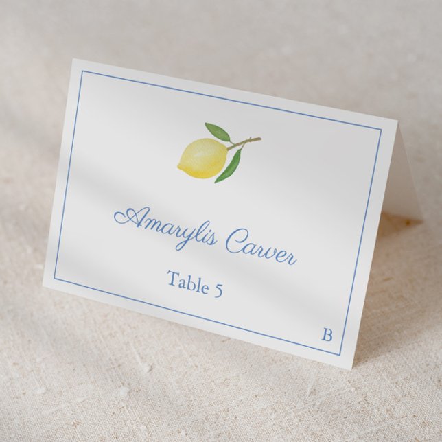 Tarjeta De Mesa Elegante Lemons Blue Seersucker Stripes Place Card (Individual place cards featuring simple single lemon and summery blue and white seersucker backer)