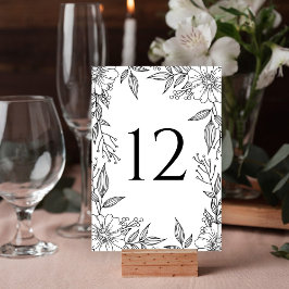 Tarjeta De Mesa Elegante Línea Floral Dibujo Boda Blanco Negro