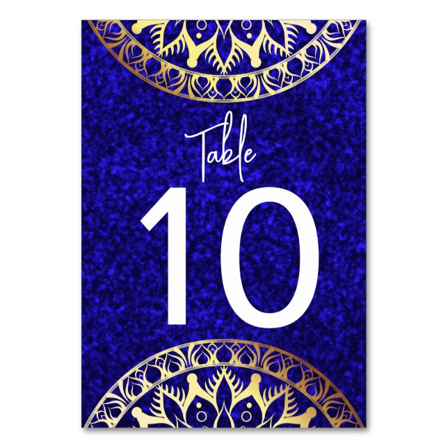 Tarjeta De Mesa Elegante Mandala azul y dorado de dos tonos (Anverso)