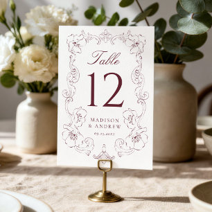 Tarjeta De Mesa Elegante marco floral ornamentado de boda en burgu
