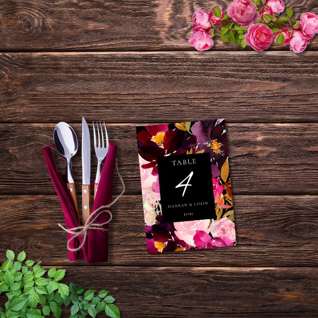 Tarjeta De Mesa Elegante marco floral rosa borgoñona negra (Subido por el creador)