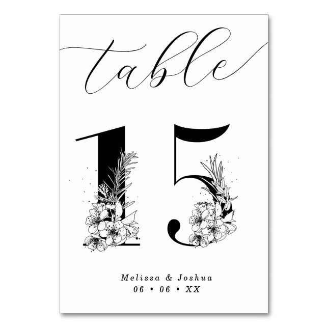 Tarjeta De Mesa Elegante Mesa 15 Floral Negro y Blanco (Anverso)