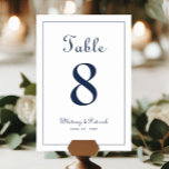 Tarjeta De Mesa Elegante Mesa de recepción de Bodas Azules de la M<br><div class="desc">El diseño de señalización del fiesta de eventos boda Table Number presenta una elegancia clásica con un azul marino clásico sobre un fondo blanco nítido. Personalice el diseño de tabla boda con su nombre, fecha boda y número de tabla en letras y guiones de moda. La parte posterior de la...</div>