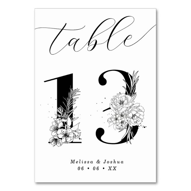 Tarjeta De Mesa Elegante Mesa Floral Blanca y Negra 13 (Anverso)