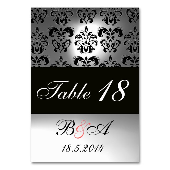 TARJETA DE MESA ELEGANTE MONOGRAMA BLANCO GRIS NEGRO DAMASK (Reverso)