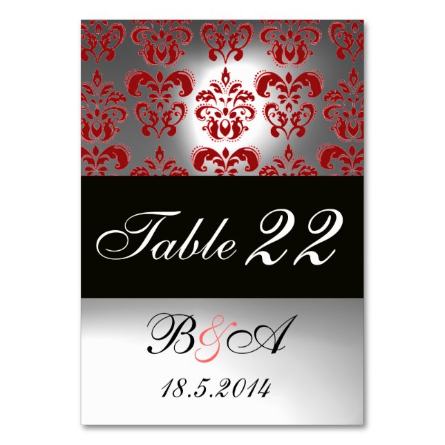 TARJETA DE MESA ELEGANTE MONOGRAMA BLANCO NEGRO ROJO DE DAMASK (Reverso)