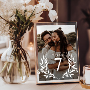 Tarjeta De Mesa Elegante Monograma Botánico Mínimo 2-Foto Boda