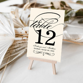 Tarjeta De Mesa Elegante Monograma de Caligrafía Negra Marfil Boda