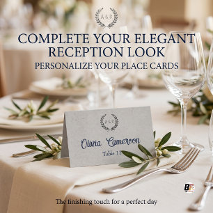 Tarjeta De Mesa Elegante Monograma de Corona de Laurel Minimalista