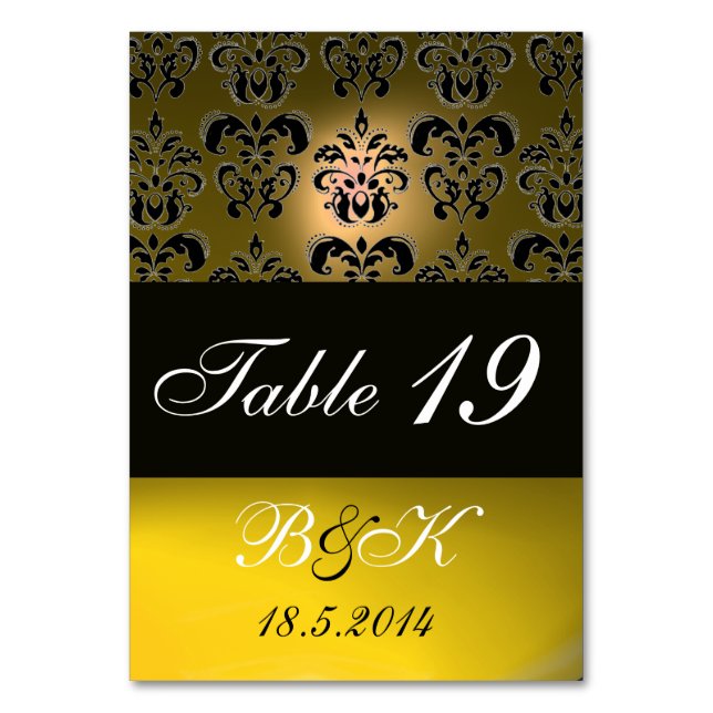 TARJETA DE MESA ELEGANTE MONOGRAMA NEGRO, AMARILLO BLANCO DE DAMAS (Anverso)