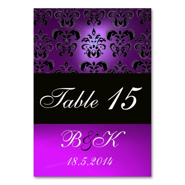 TARJETA DE MESA ELEGANTE MONOGRAMA NEGRO Y BLANCO DE PURPLE DAMASK (Reverso)