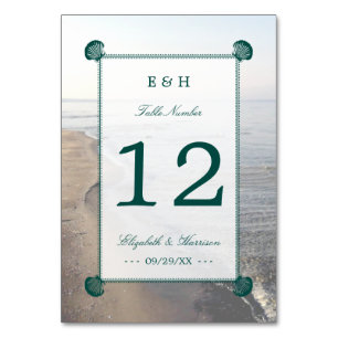 Tarjeta De Mesa Elegante Monograma y Verde azulada boda de playa d