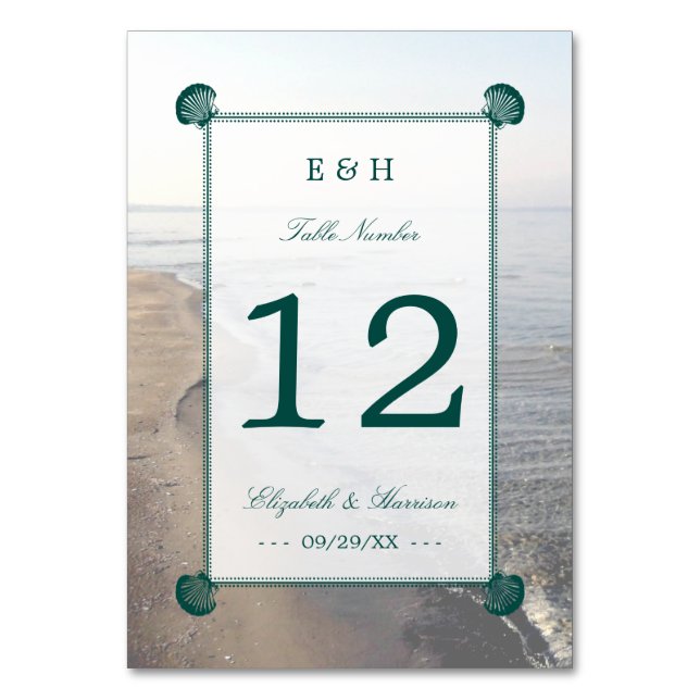 Tarjeta De Mesa Elegante Monograma y Verde azulada boda de playa d (Anverso)