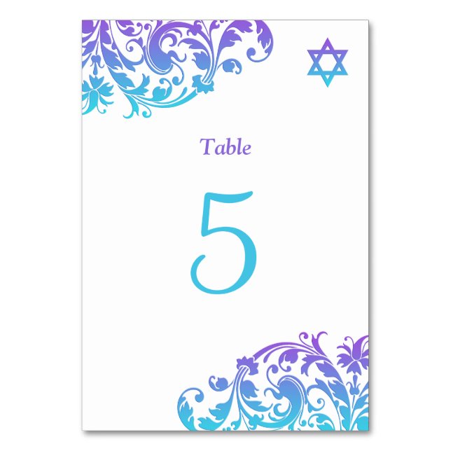 Tarjeta De Mesa Elegante morado Verde azulado floreciente Bat Mitz (Anverso)