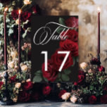 Tarjeta De Mesa Elegante moreno rojo de sangre rojo de color flora<br><div class="desc">Acepte la elegancia atemporal para su celebración inspirada en el gótico con nuestra cautivadora tarjeta de número de mesa boda. Un suave fondo negro proporciona el lienzo perfecto para un ramo cautivador pero sobrio. Imaginen un arreglo de sangre enloquecida y roja en flor de rosa, donde ricos tonos rojos se...</div>