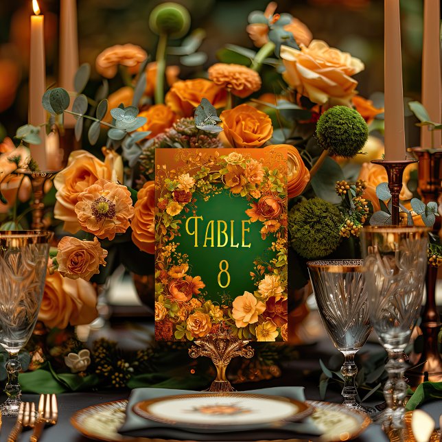 Tarjeta De Mesa Elegante Naranja Gold y Green Druid Hill Boda (Floral Celtic Arch Gold and Green Wedding Table Number )