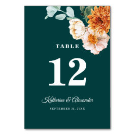 Tarjeta De Mesa Elegante Naranja oscuro quemado Verde azulado Boda