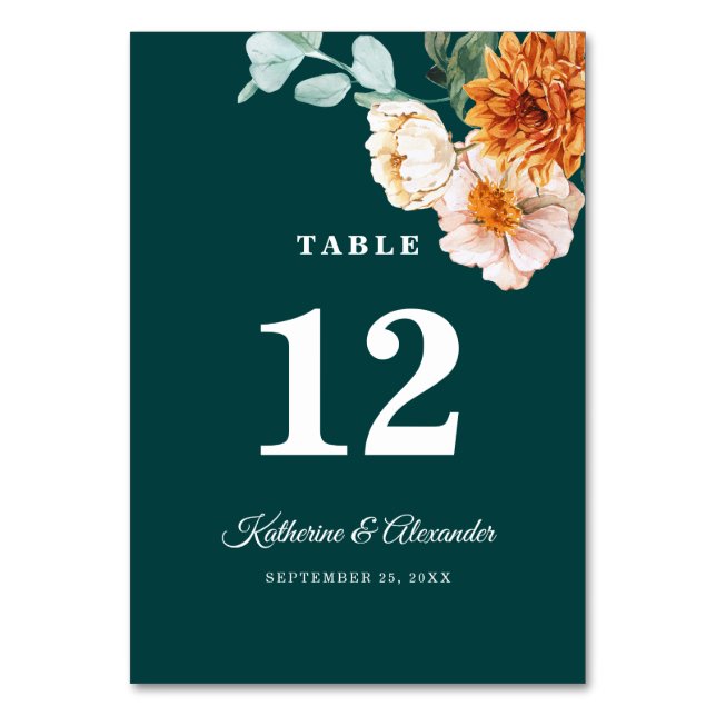 Tarjeta De Mesa Elegante Naranja oscuro quemado Verde azulado Boda (Anverso)