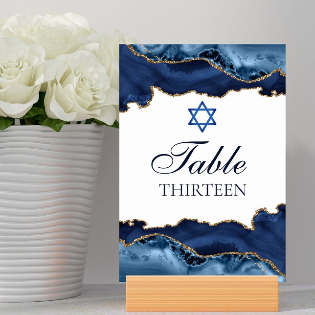 Tarjeta De Mesa Elegante Navy Blue Gold Agate Bar Mitzvah Fiesta (Subido por el creador)