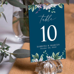 Tarjeta De Mesa Elegante Navy Floral Azul Foliage deja Boda
