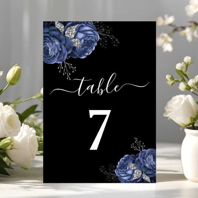 Tarjeta De Mesa Elegante negro azul floral  (Elegant Black Blue Floral Table Number)