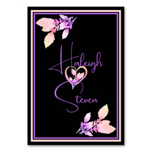Tarjeta De Mesa Elegante negro, rosa brillante y Boda violeta