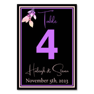 Tarjeta De Mesa Elegante negro, violeta brillante y Boda de enganc
